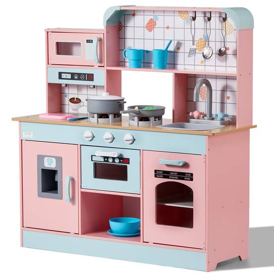 VEVOR Cuisine enfants bois, lumières, sons, machine à glaçons, four, évier, micro-ondes. Pour 3-8 ans, rose. - Image 1