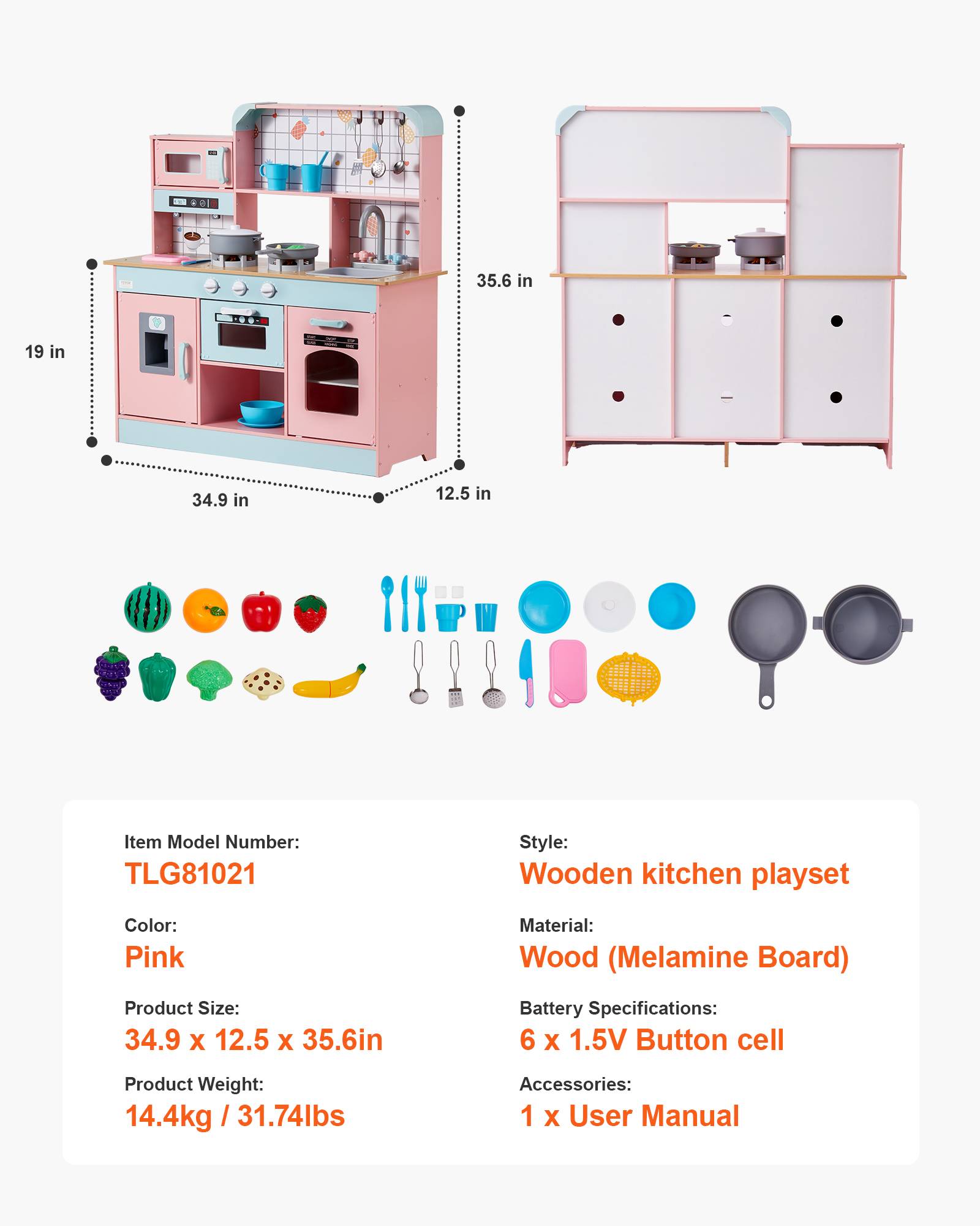 VEVOR Cuisine enfants bois, lumières, sons, machine à glaçons, four, évier, micro-ondes. Pour 3-8 ans, rose. - Image 7