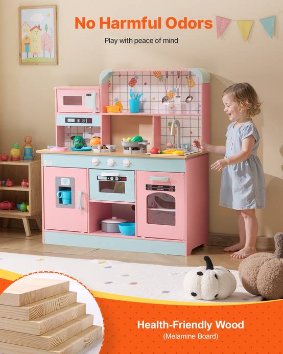 VEVOR Cuisine enfants bois, lumières, sons, machine à glaçons, four, évier, micro-ondes. Pour 3-8 ans, rose. - Image 6