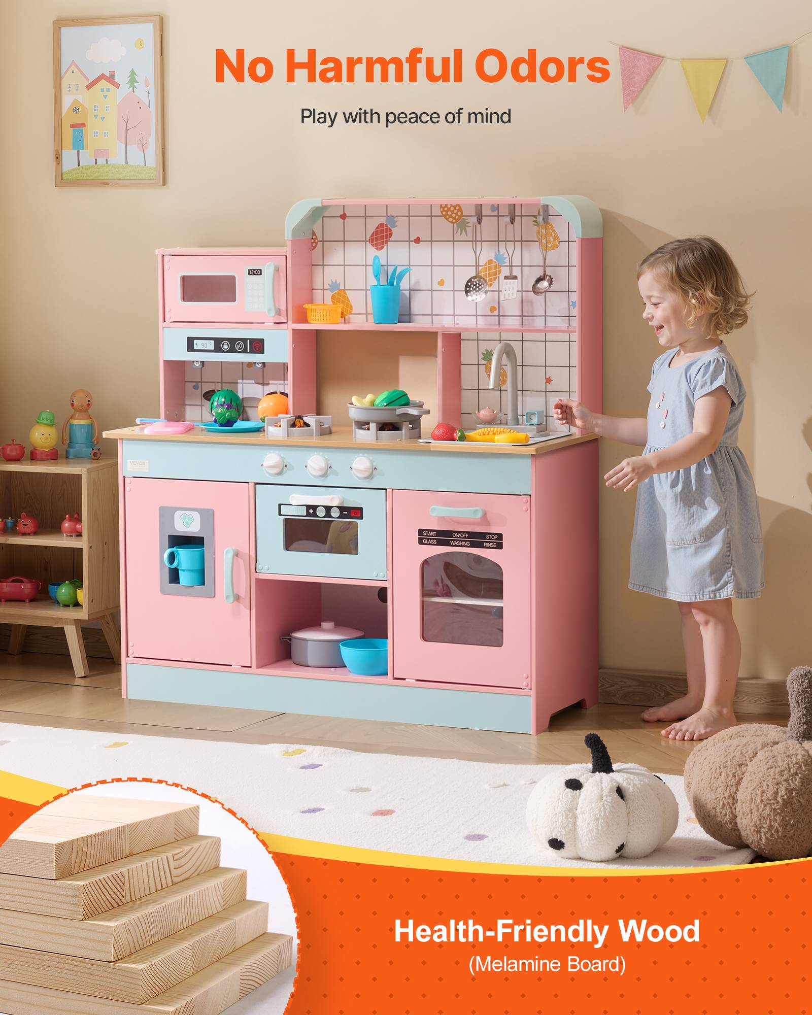 VEVOR Cuisine enfants bois, lumières, sons, machine à glaçons, four, évier, micro-ondes. Pour 3-8 ans, rose. - Image 6