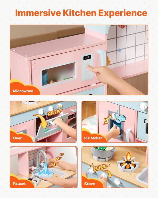 VEVOR Cuisine enfants bois, lumières, sons, machine à glaçons, four, évier, micro-ondes. Pour 3-8 ans, rose. - Image 4