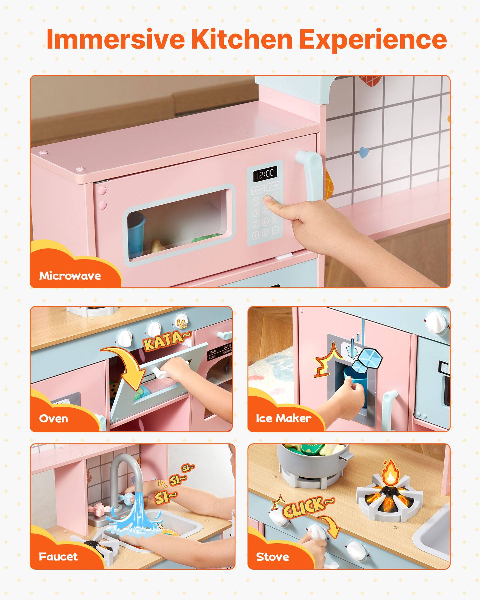 VEVOR Cuisine enfants bois, lumières, sons, machine à glaçons, four, évier, micro-ondes. Pour 3-8 ans, rose. - Image 4