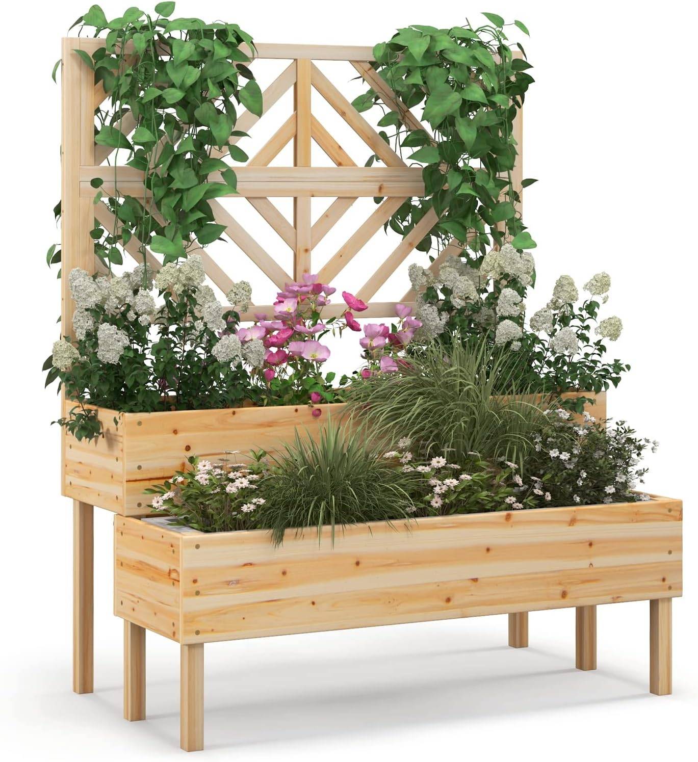 Jardinière 2 Niveaux avec Treillis en Bois, Résistance aux Intempéries 109 x 62 x 135 cm - Image 1