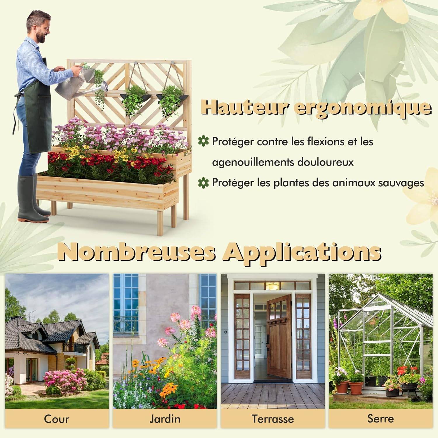 Jardinière 2 Niveaux avec Treillis en Bois, Résistance aux Intempéries 109 x 62 x 135 cm - Image 9