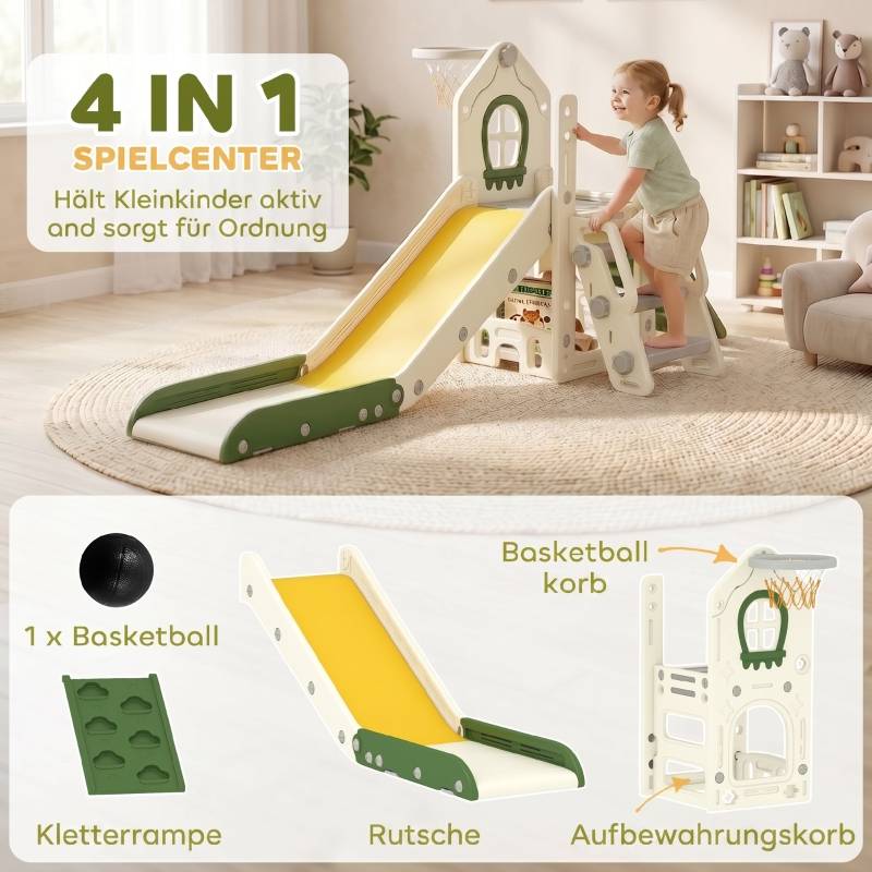 Toboggan pliable 4-en-1 pour tout-petit avec élément d’escalade, panier de basket, rangement et ballon, 1-3 ans, blanc crème - Image 4