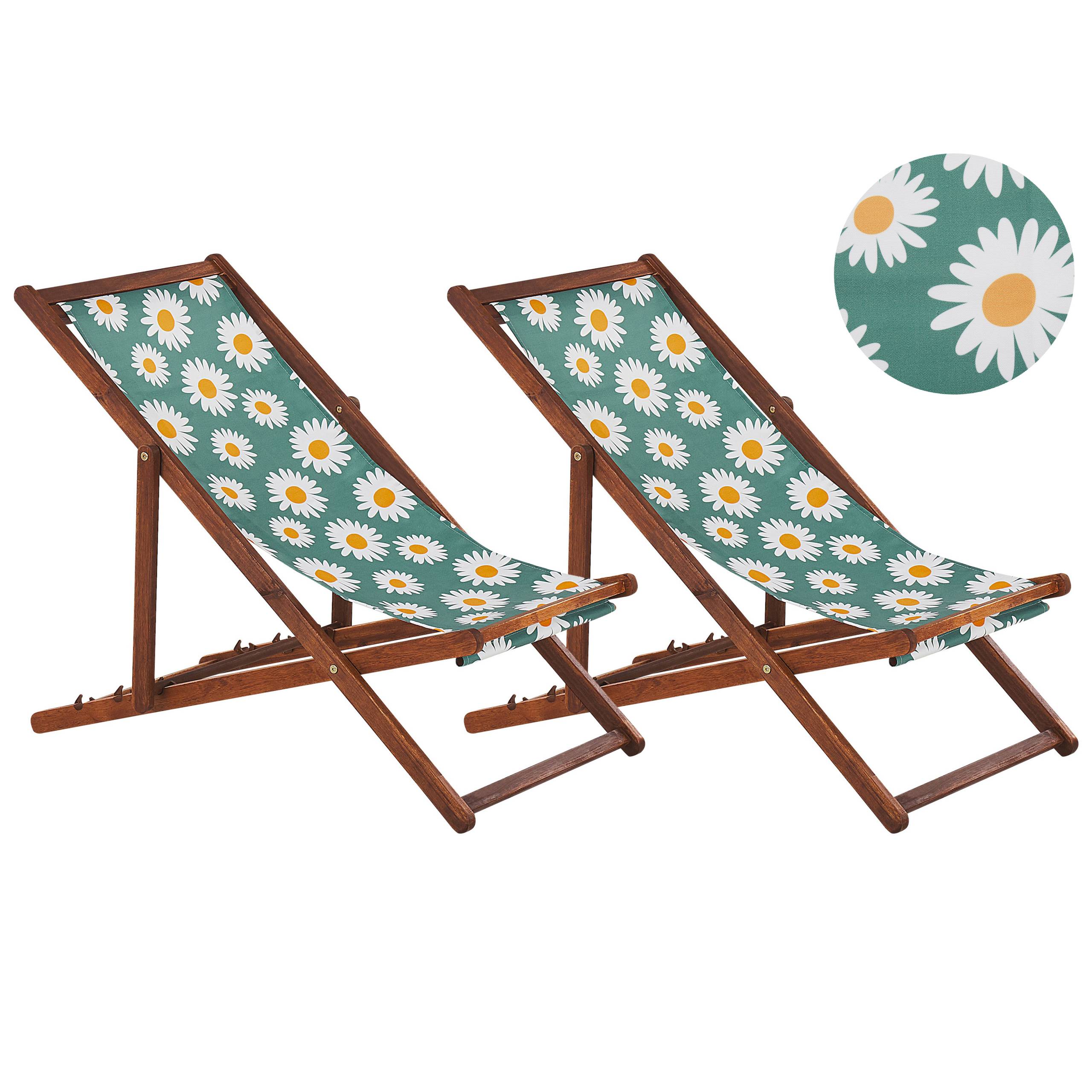 Beliani - 2 Transats Chiliennes Pliantes et Réglables en Bois d'Acacia Foncé et Textile Motif Paquerettes avec Toiles de Remplacement - Image 1