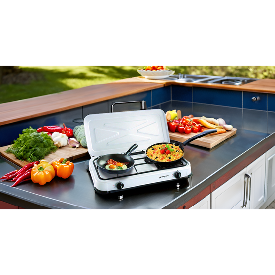 Plaque de cuisson Gaz 2 feux portable 2600W Blanc Couvercle amovible - Réchaud Camping Cuisine Exterieure KEMPER - Image 3