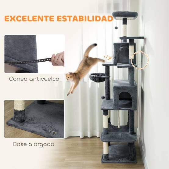 Arbre à chat avec plateforme, tour d'escalade avec couchage, grottes, poteaux en sisal, 60 x 48 x 202 cm, gris - Image 9