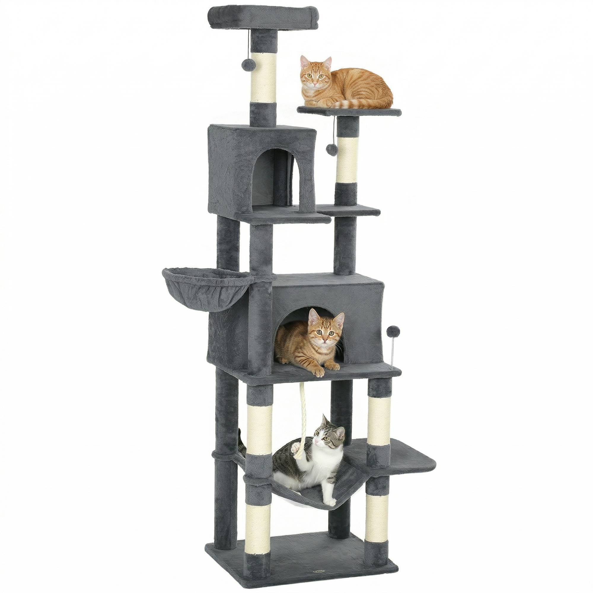 Arbre à chat avec plateforme, tour d'escalade avec couchage, grottes, poteaux en sisal, 60 x 48 x 202 cm, gris - Image 1