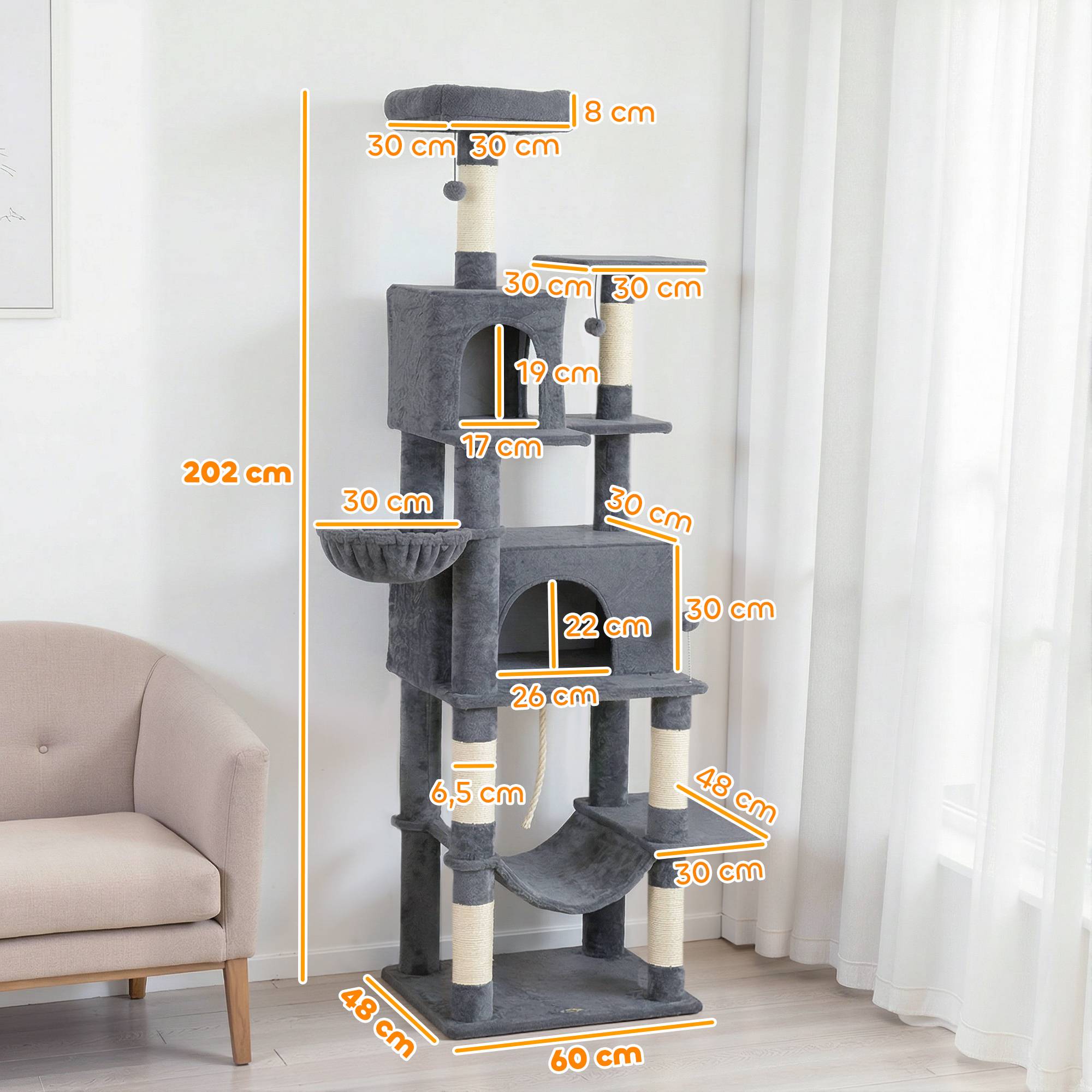 Arbre à chat avec plateforme, tour d'escalade avec couchage, grottes, poteaux en sisal, 60 x 48 x 202 cm, gris - Image 5
