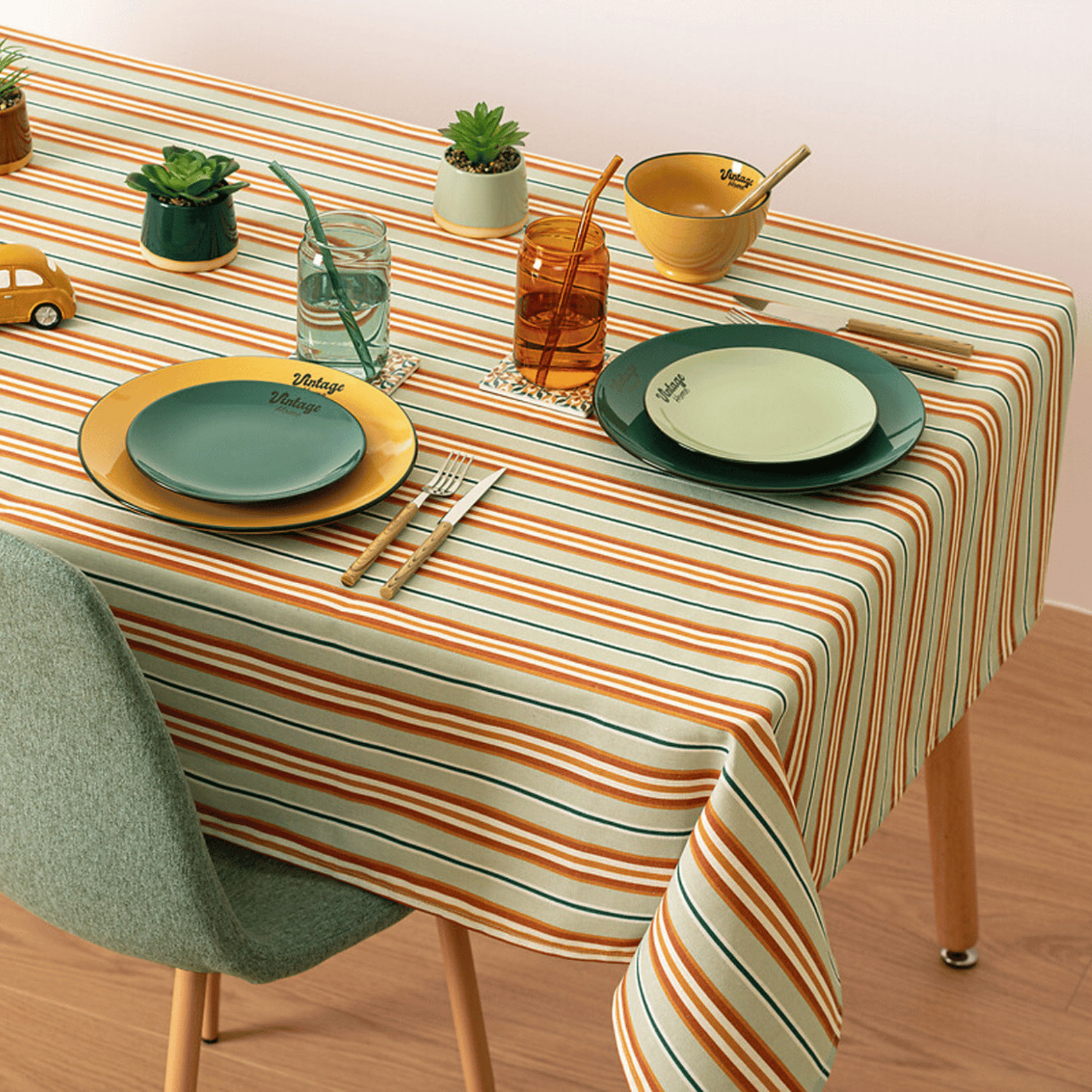 Nappe en polycoton Terracotta  Blanc et Céladon motif vintage 150 x 250 cm - Image 3