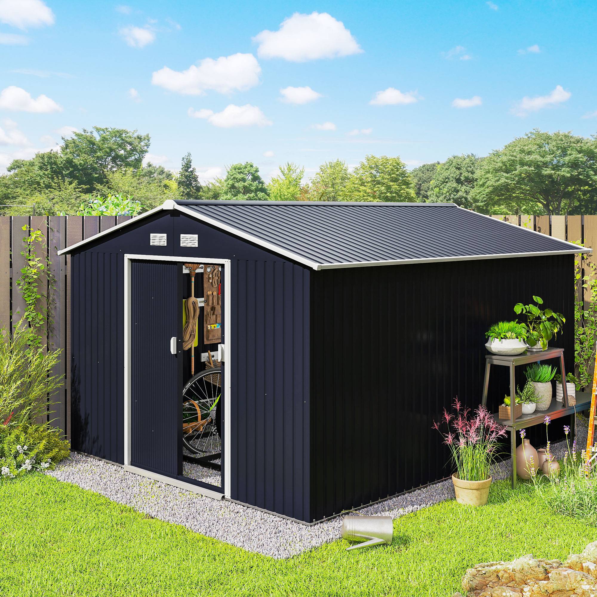 Abri de jardin acier 322x277x192 cm avec 2 portes coulissantes et 4 aérations, cabanon gris - Image 3