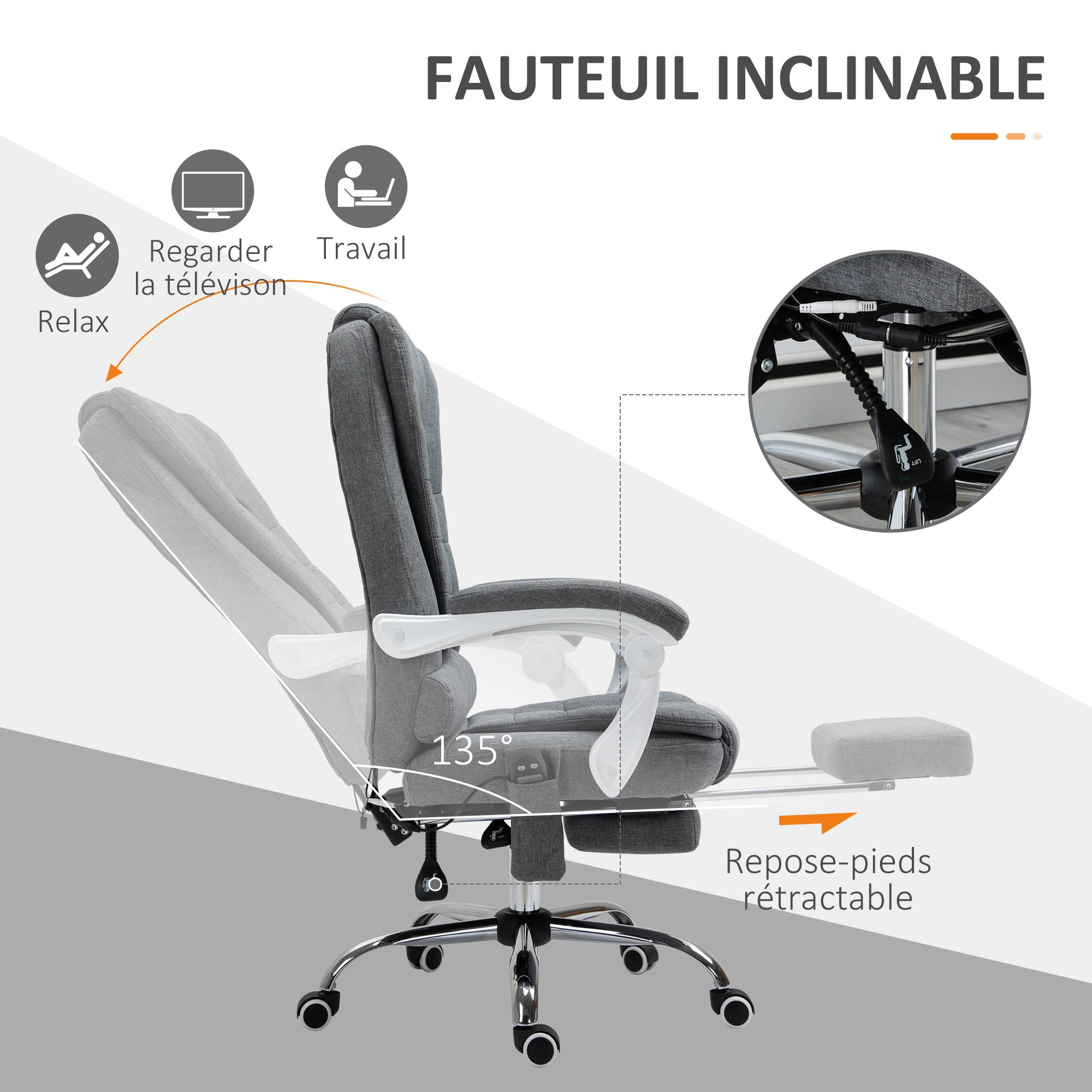Sans Marque - Fauteuil de bureau direction massant chauffant hauteur réglable dossier inclinable toile de lin gris - Image 8