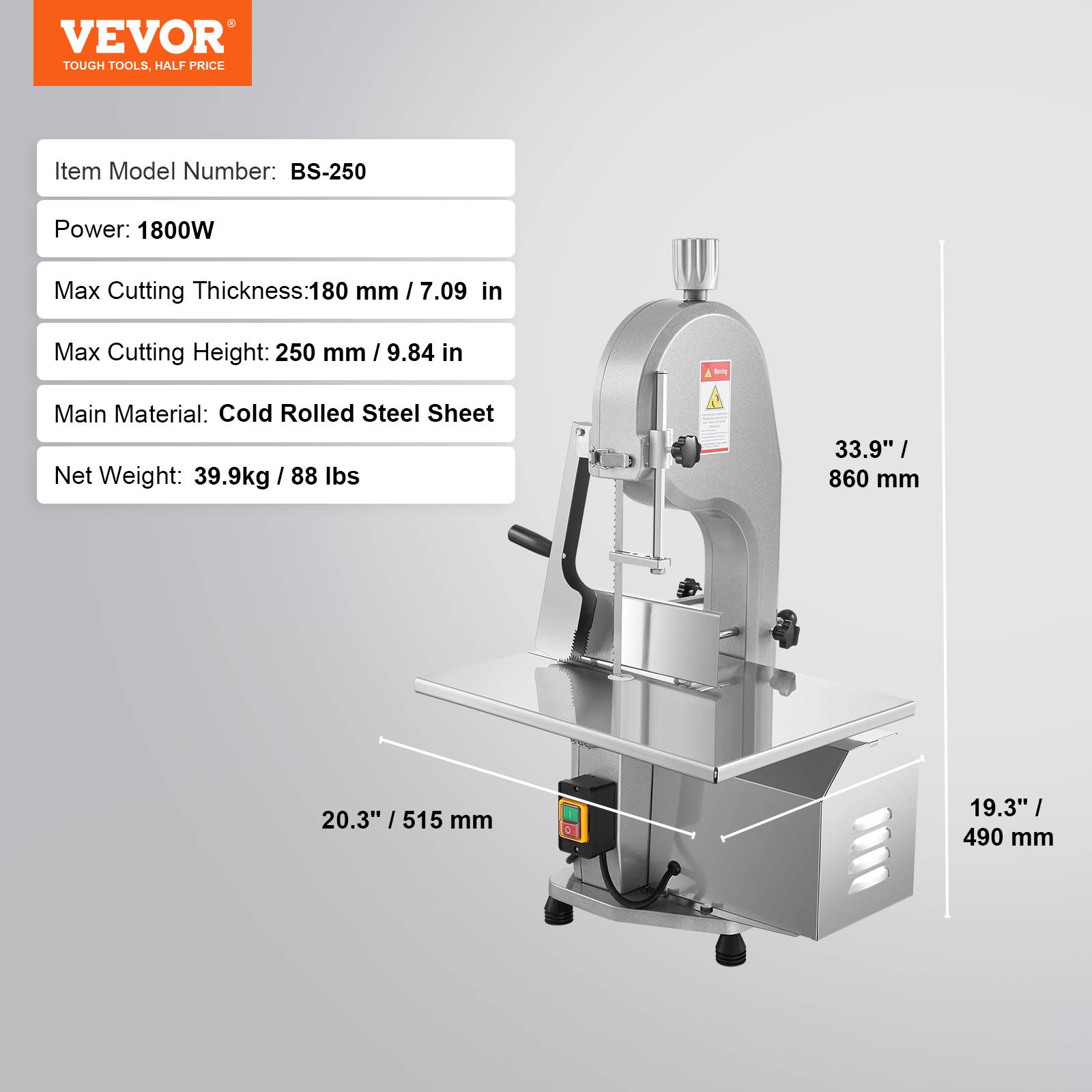 Vevor - VEVOR Scie à os de boucher électrique commerciale scie à ruban 1800 W en acier - Image 7
