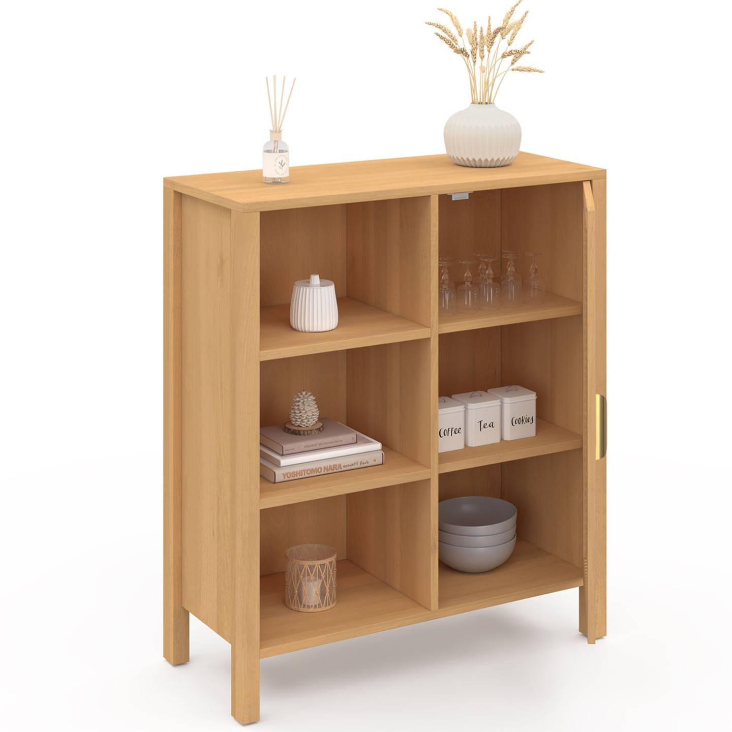 Buffet d'appoint 3 étagères et placard 70 cm EDHEN bois et cannage - Image 2