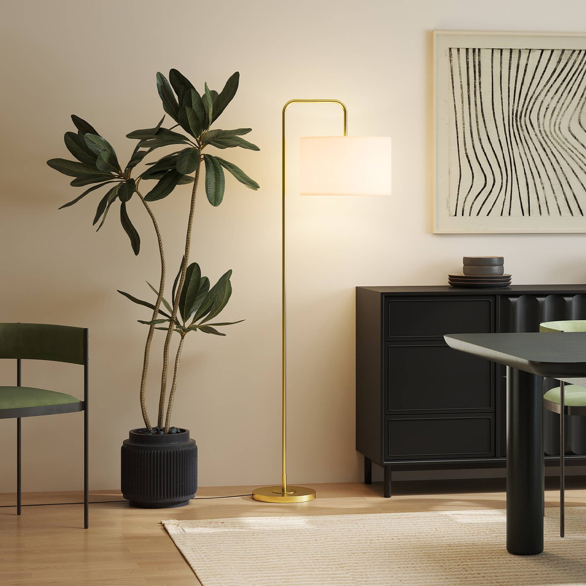 Lampadaire lecture blanc et or abat-jour lin synthétique 64 × 38 × 163,5 cm décoration salon - Image 4