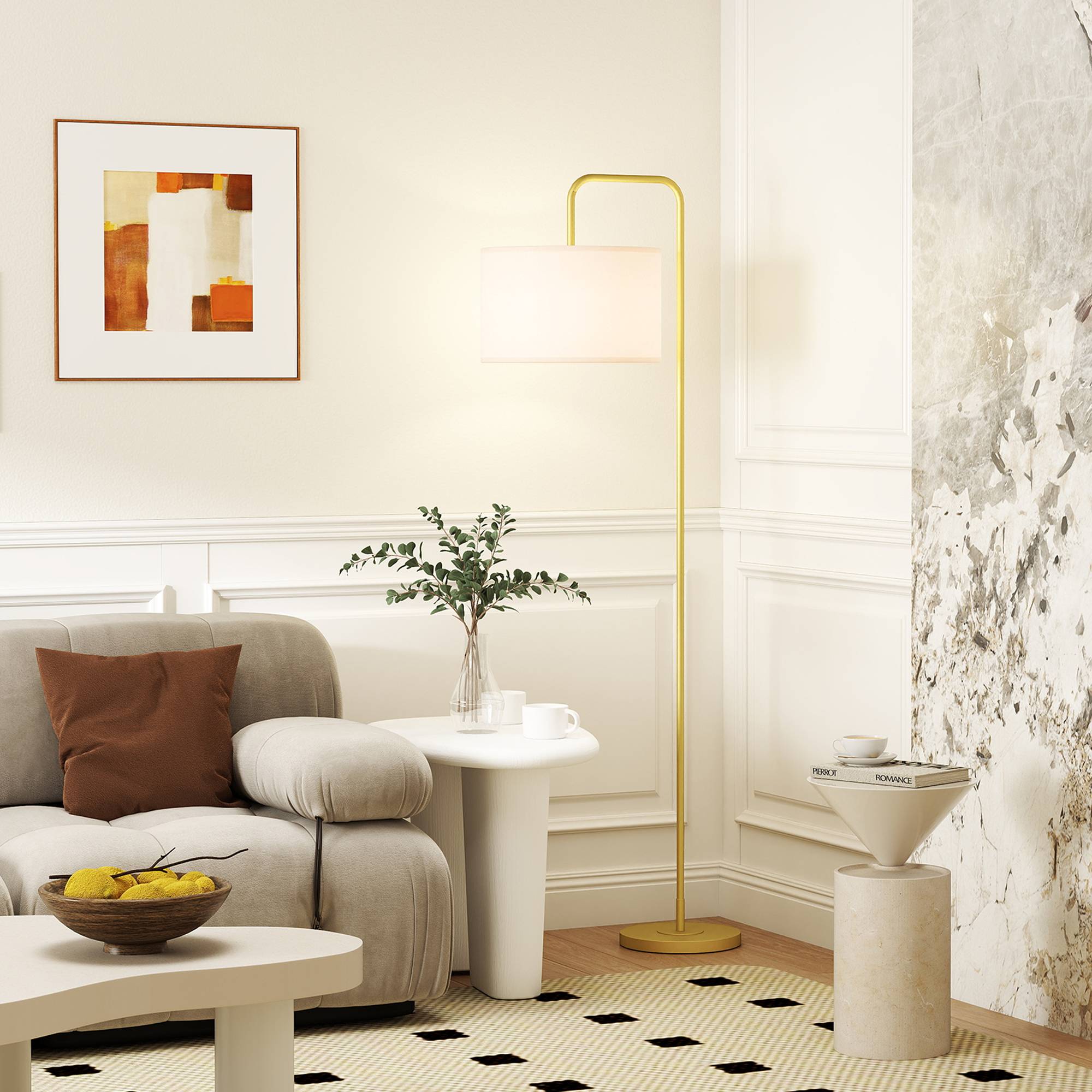 Lampadaire lecture blanc et or abat-jour lin synthétique 64 × 38 × 163,5 cm décoration salon - Image 10