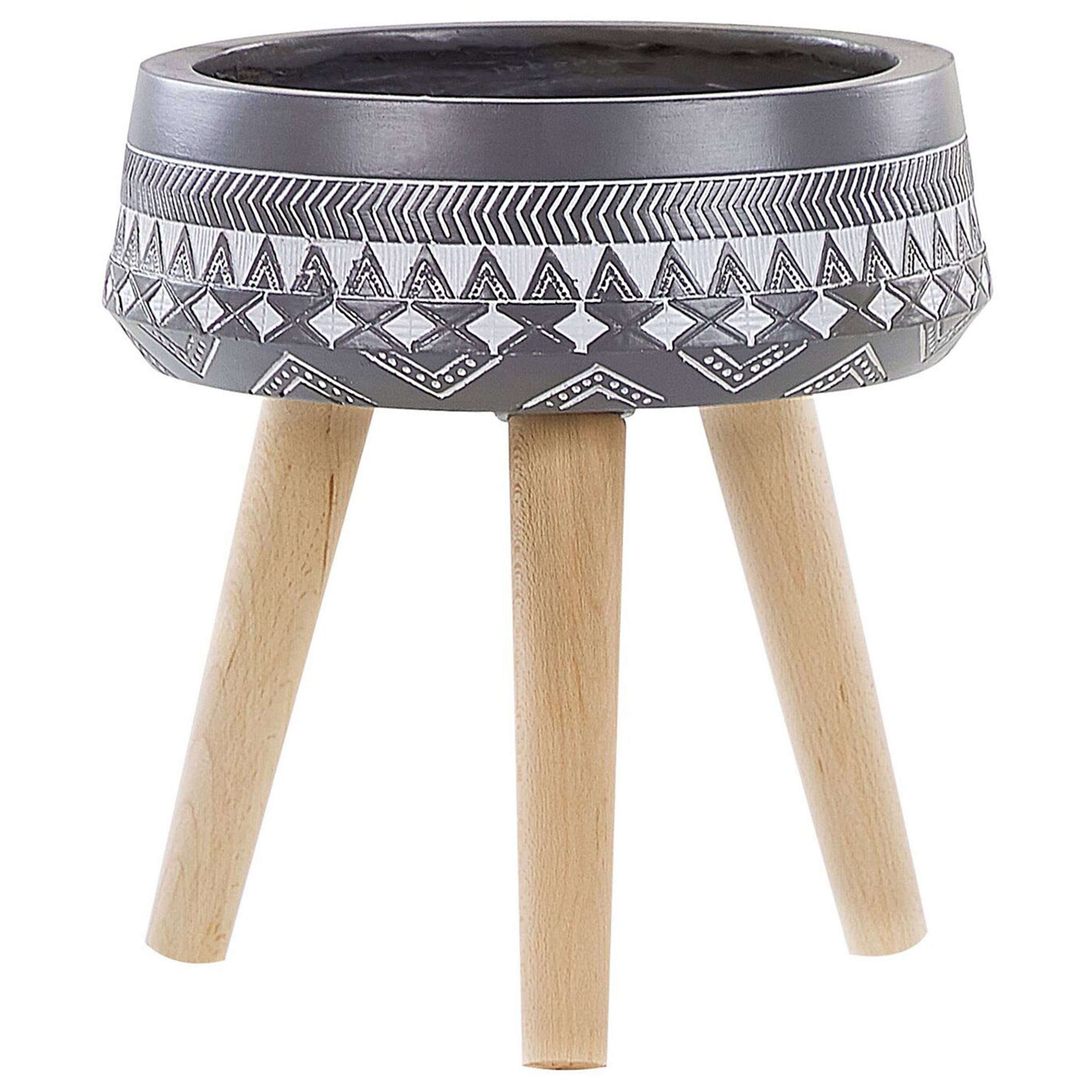 Beliani - Cache-Pot Support Plantes Gris avec 3 Pieds en Bois 28 cm de Diamètre Motif Ethnique Peint à la Main Idéal pour Extérieur et Intérieur Beliani - Image 1