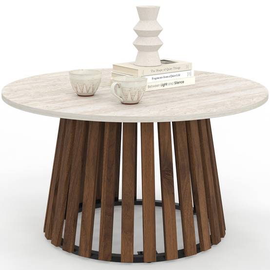 IDMARKET - Table basse ronde CARMEN 70 cm pied bois en lattes effet noyer et plateau travertin - Image 2