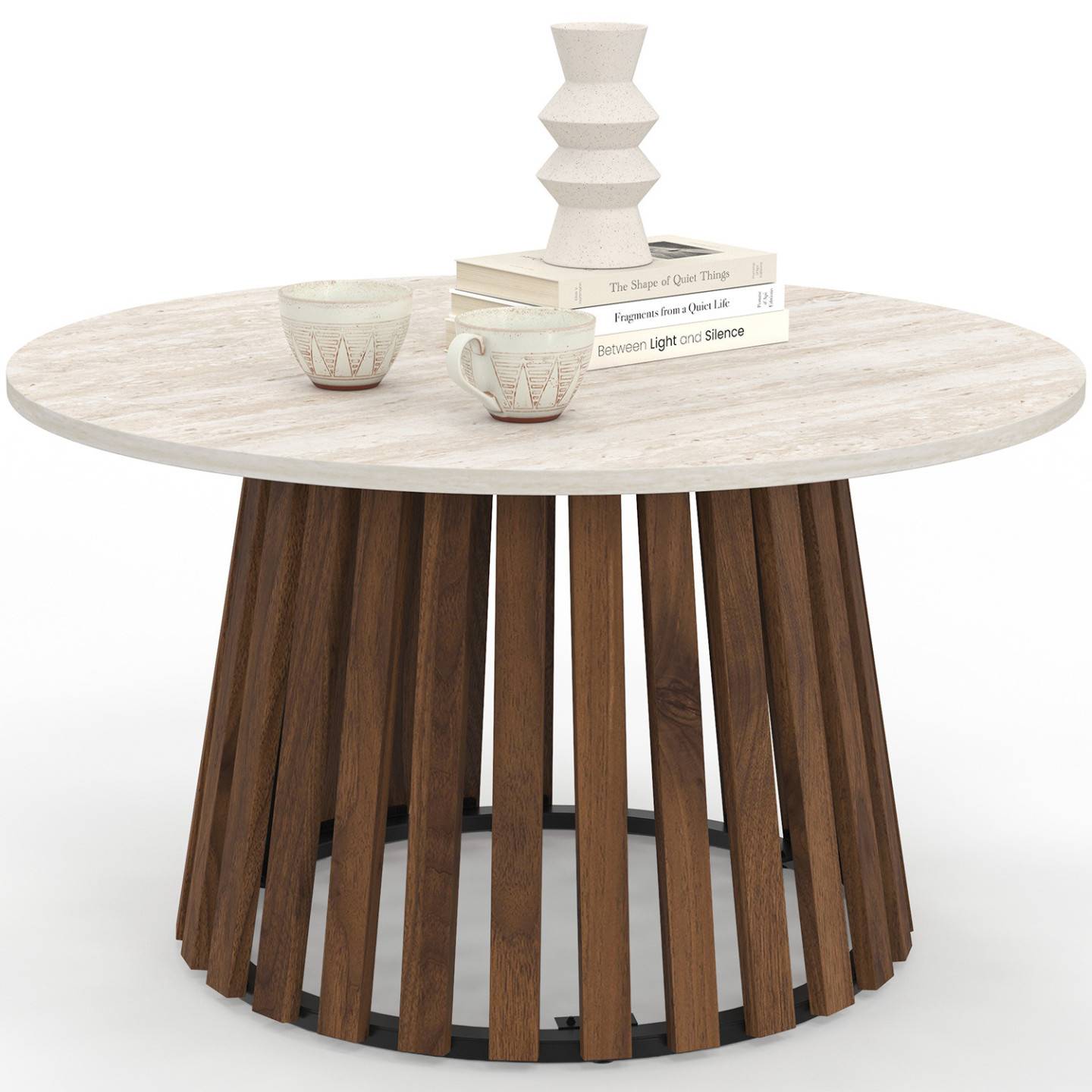 IDMARKET - Table basse ronde CARMEN 70 cm pied bois en lattes effet noyer et plateau travertin - Image 2