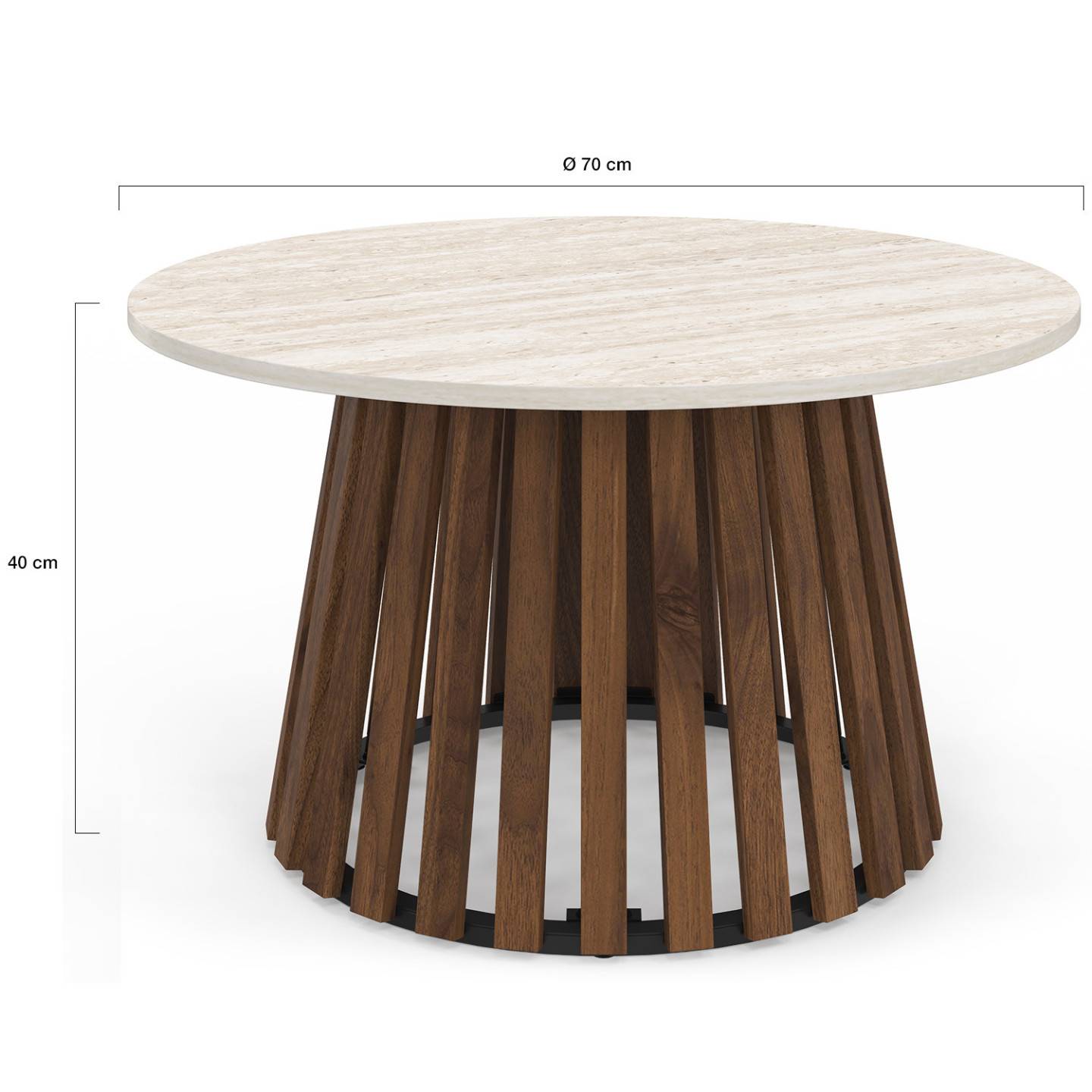 IDMARKET - Table basse ronde CARMEN 70 cm pied bois en lattes effet noyer et plateau travertin - Image 4