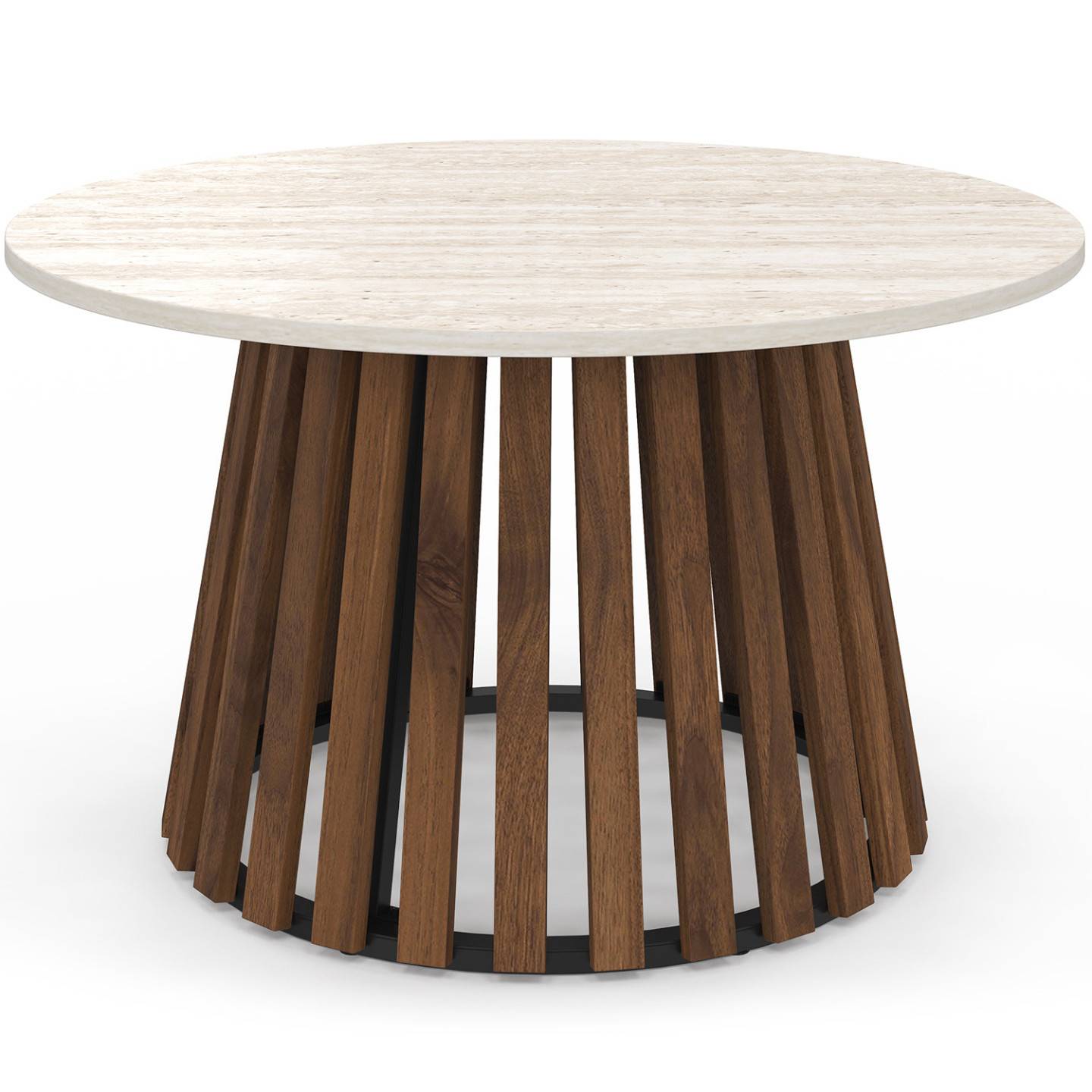 IDMARKET - Table basse ronde CARMEN 70 cm pied bois en lattes effet noyer et plateau travertin - Image 3