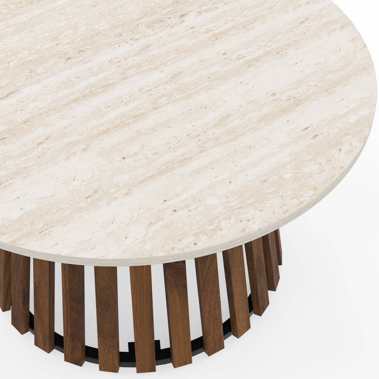 IDMARKET - Table basse ronde CARMEN 70 cm pied bois en lattes effet noyer et plateau travertin - Image 5