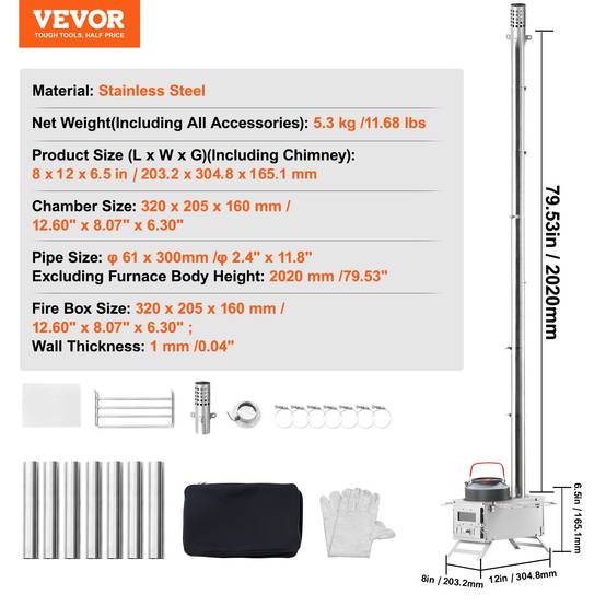 VEVOR Poêle à bois portable 80 pouces inox, 8 tuyaux, gants, pour tente camping 700 po³, cuisine/chauffage. - Image 7