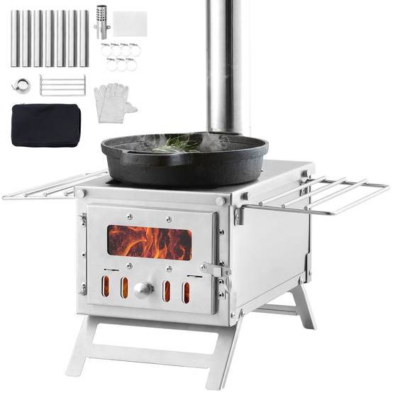 VEVOR Poêle à bois portable 80 pouces inox, 8 tuyaux, gants, pour tente camping 700 po³, cuisine/chauffage. - Image 1