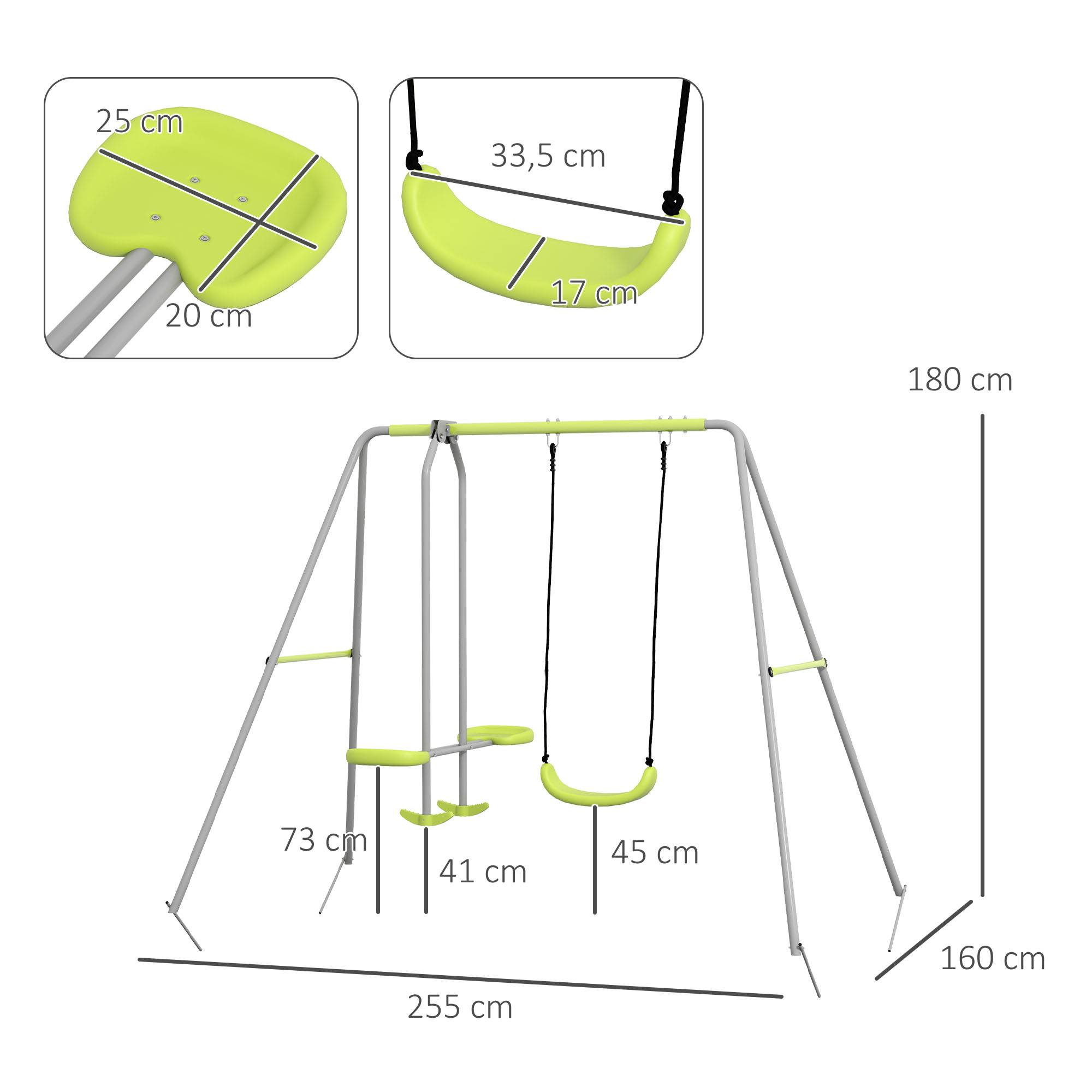 Balançoire jardin gris/vert, 1 simple + 1 planeur anti-UV, 255x160x180 cm - Image 5