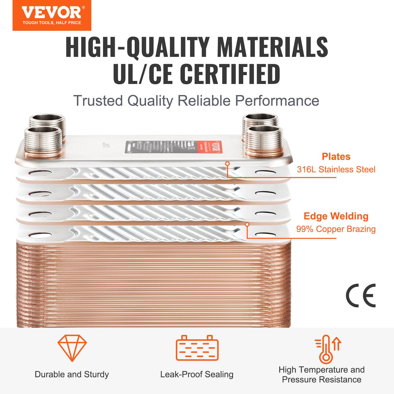 VEVOR Échangeur chaleur plaques brasées, 100 plaques. Cuivre/inox 316L, chauffage sol, eau. - Image 2
