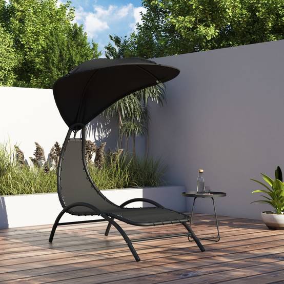 Chaise longue | Transat | Bain de soleil avec auvent noir 167x80x195 cm tissu et acier - Image 2
