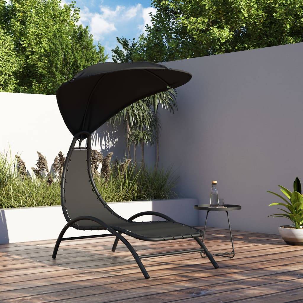 Chaise longue | Transat | Bain de soleil avec auvent noir 167x80x195 cm tissu et acier - Image 2