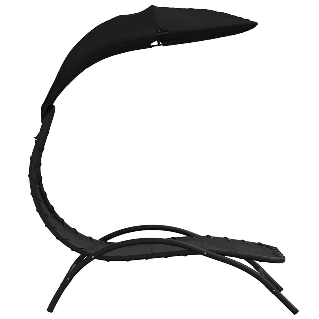 Chaise longue | Transat | Bain de soleil avec auvent noir 167x80x195 cm tissu et acier - Image 4
