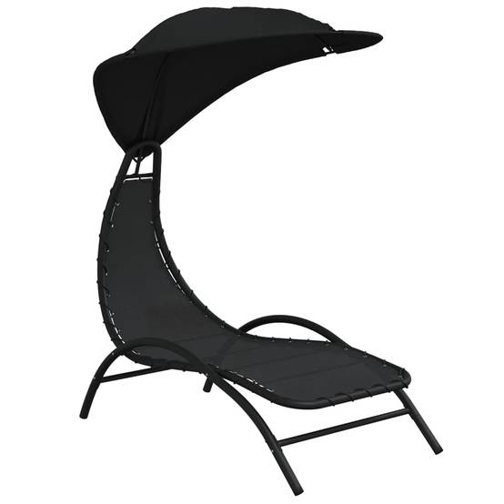 Chaise longue | Transat | Bain de soleil avec auvent noir 167x80x195 cm tissu et acier - Image 1