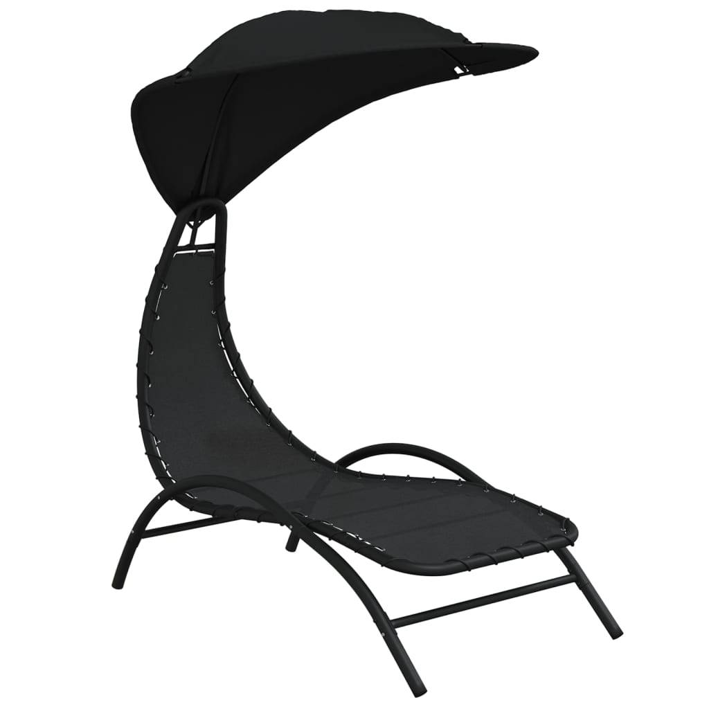 Chaise longue | Transat | Bain de soleil avec auvent noir 167x80x195 cm tissu et acier - Image 1