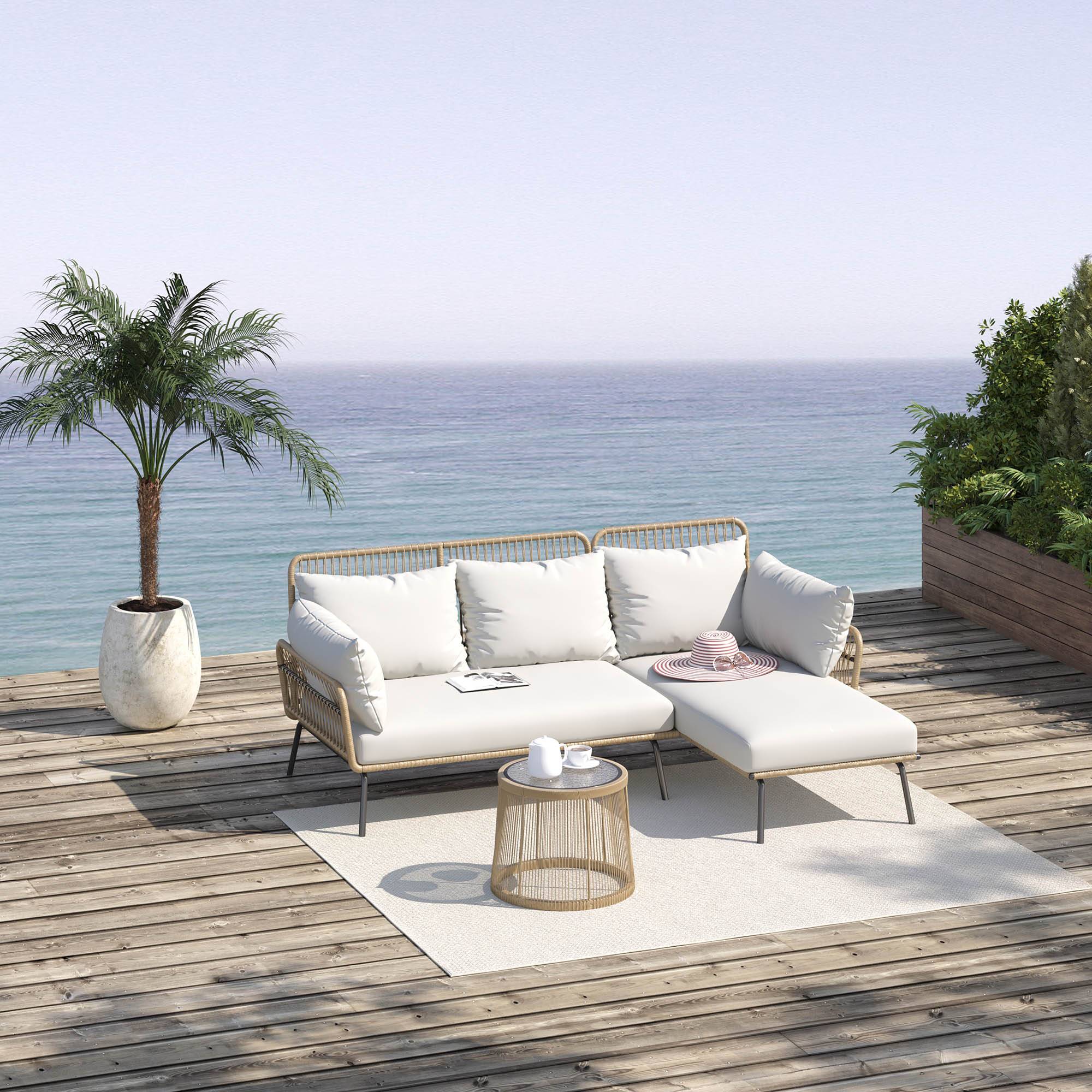 ComfortXL - Salon de Jardin d'Angle 4 Places en Résine Tressée avec Table Basse et Coussins Crème - ComfortXL Outdoor Living - Image 3