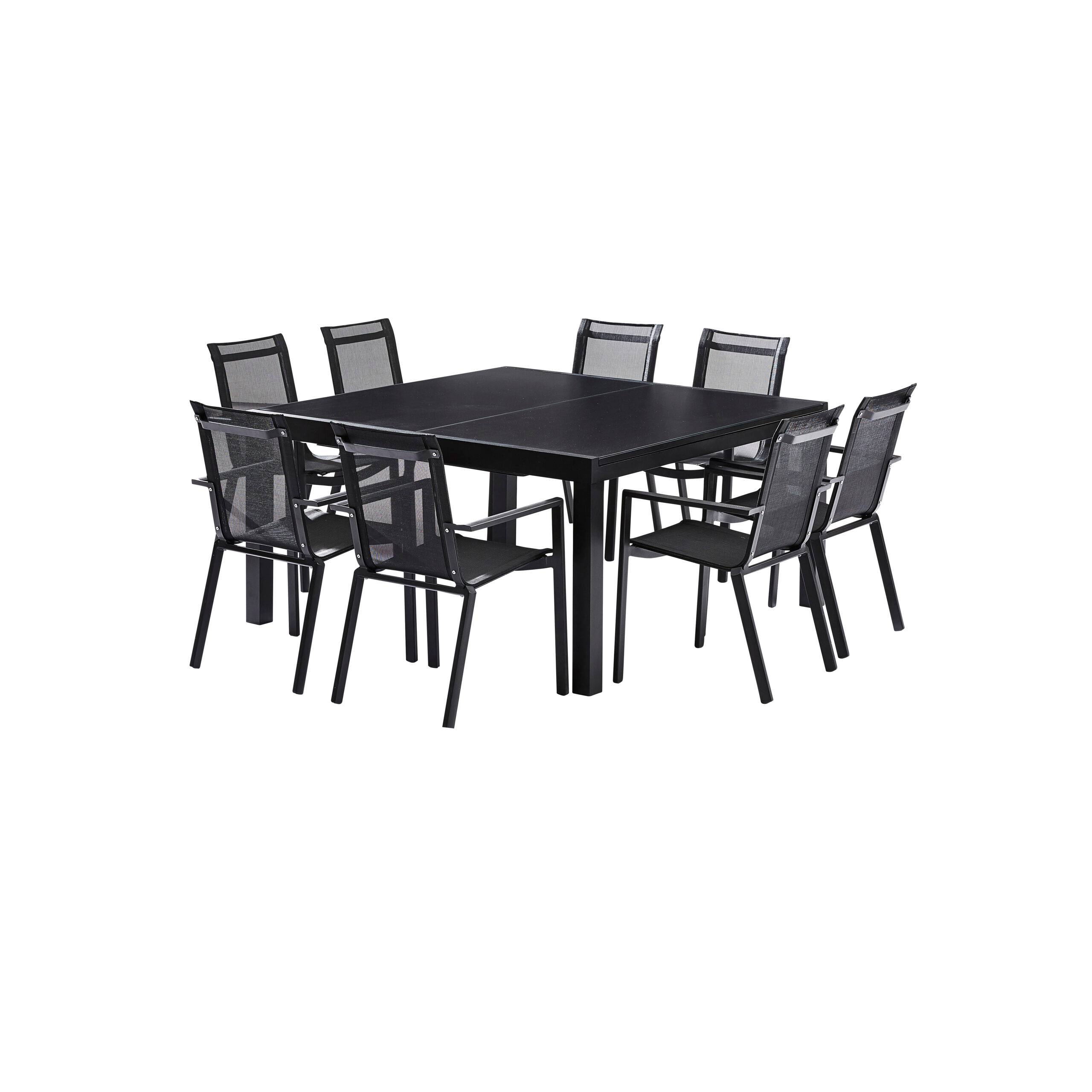 Wilsa Garden - Ensemble BLACKSTAR 8/12p en aluminium noir et verre noir avec 8 fauteuils en textilène - Image 1