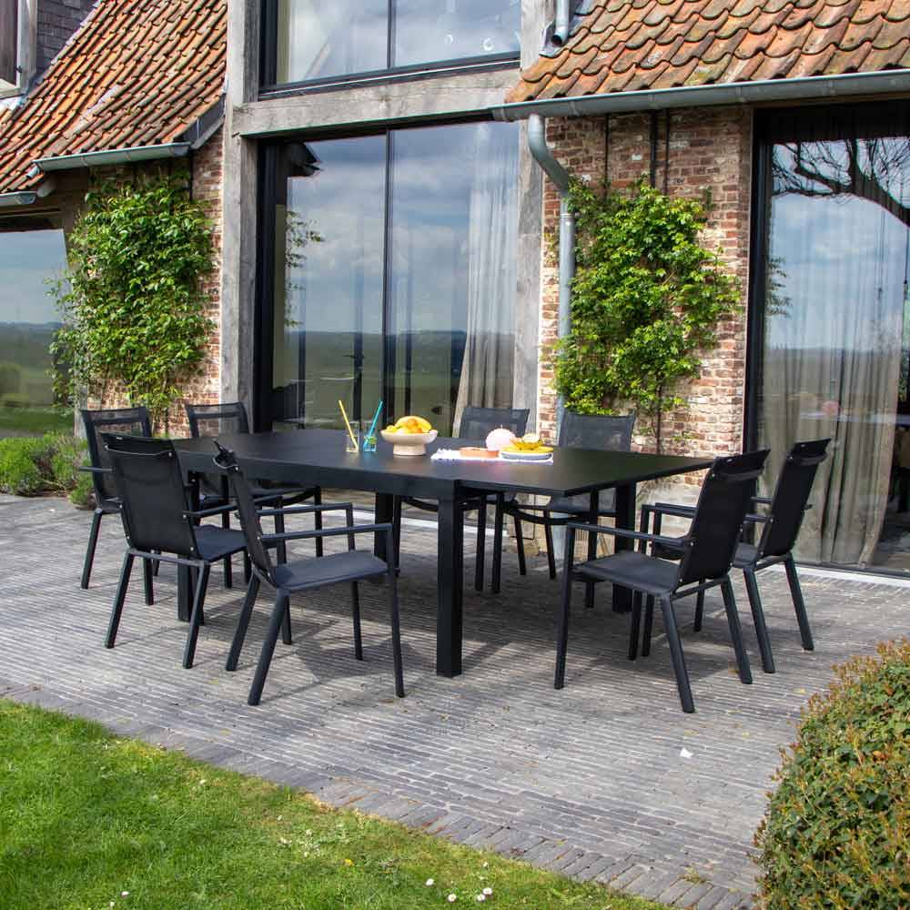 Wilsa Garden - Ensemble BLACKSTAR 8/12p en aluminium noir et verre noir avec 8 fauteuils en textilène - Image 2