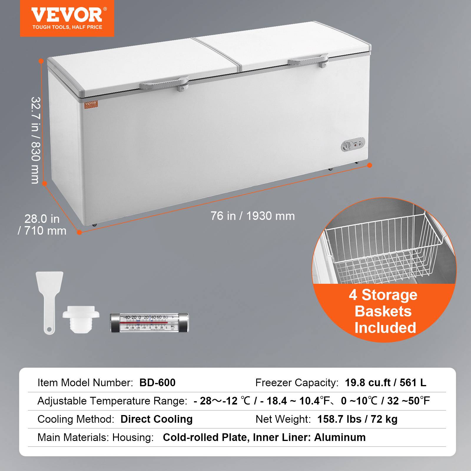 Vevor - VEVOR Congélateur coffre 561 L, double porte verrouillable. 7 niveaux, éclairage LED, 6 roues, 4 paniers. - Image 7