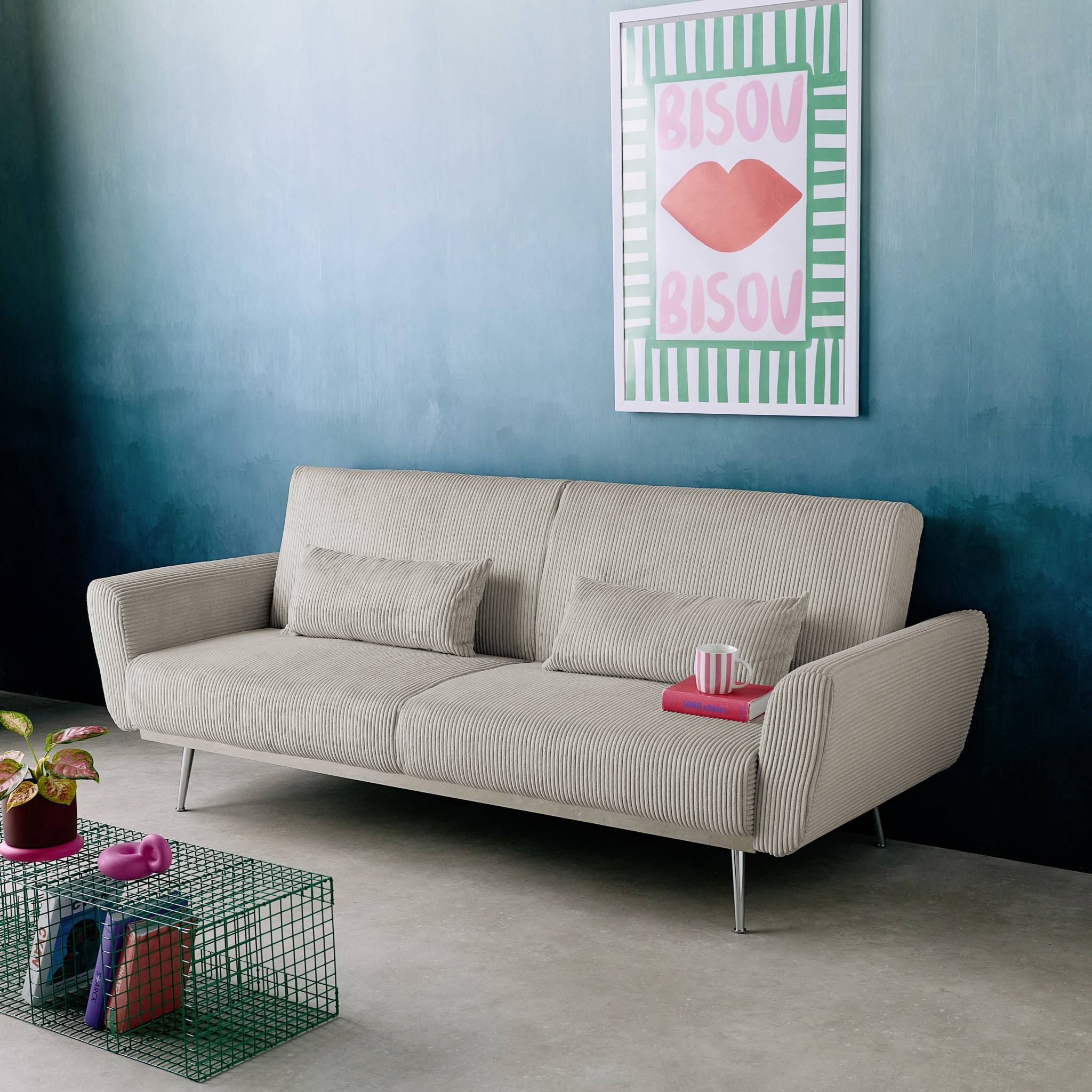 sweeek - Canapé convertible design en velours côtelé gris clair - Oskar - 3 places scandinave droit avec pieds métal chromé | sweeek - Image 3