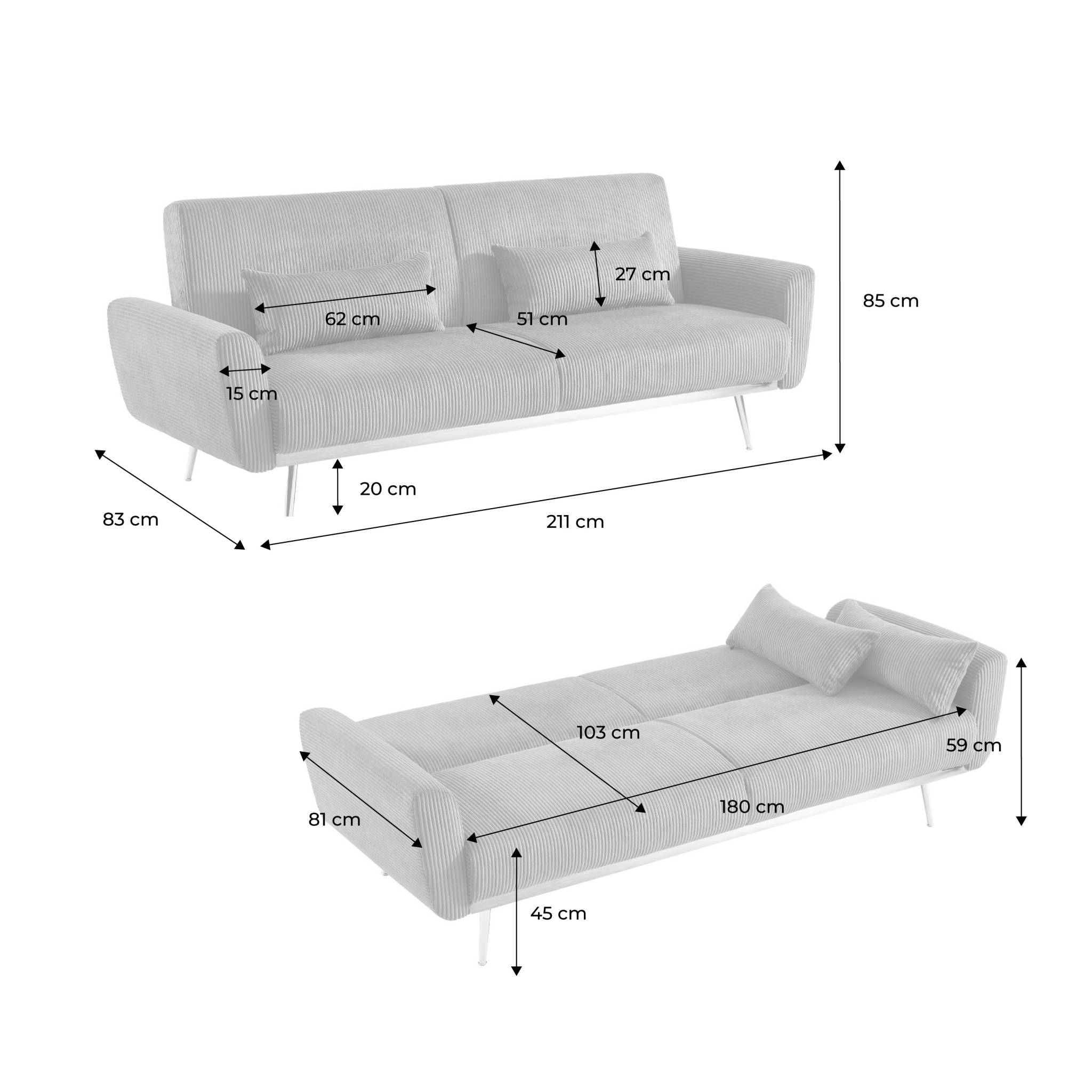 sweeek - Canapé convertible design en velours côtelé gris clair - Oskar - 3 places scandinave droit avec pieds métal chromé | sweeek - Image 5