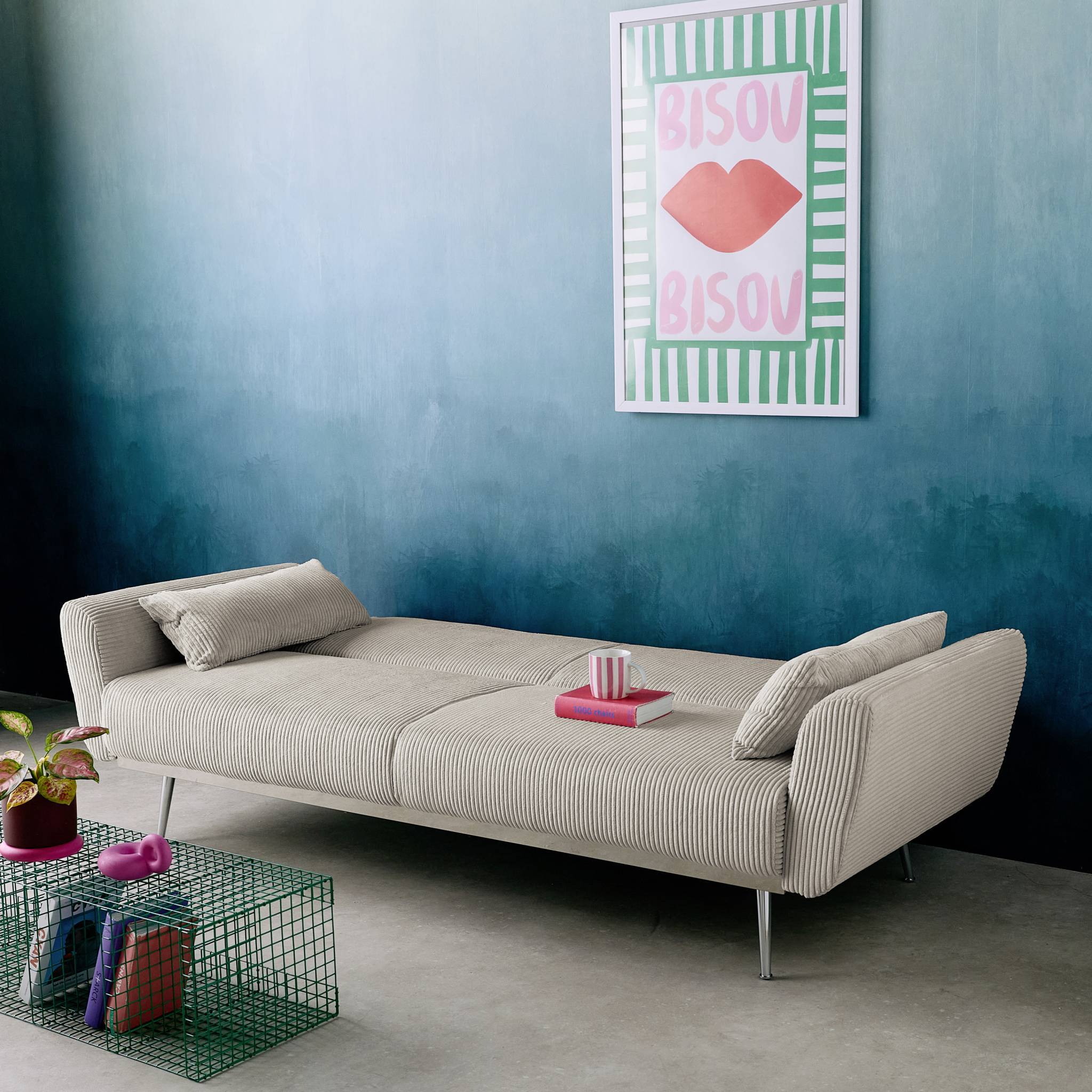 sweeek - Canapé convertible design en velours côtelé gris clair - Oskar - 3 places scandinave droit avec pieds métal chromé | sweeek - Image 4
