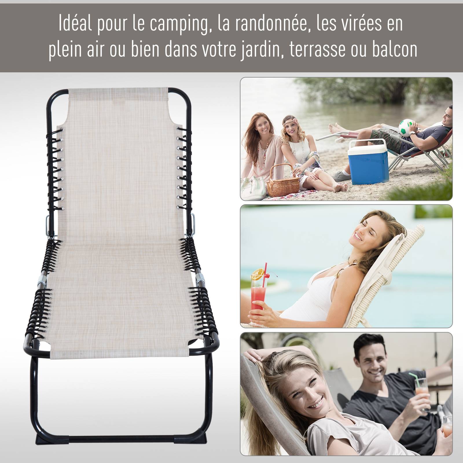 Outsunny - Bain de soleil transat pliable dossier inclinable multi-positions acier thermoplastique lacets élastiques noir textilène crème - Outsunny - Image 7