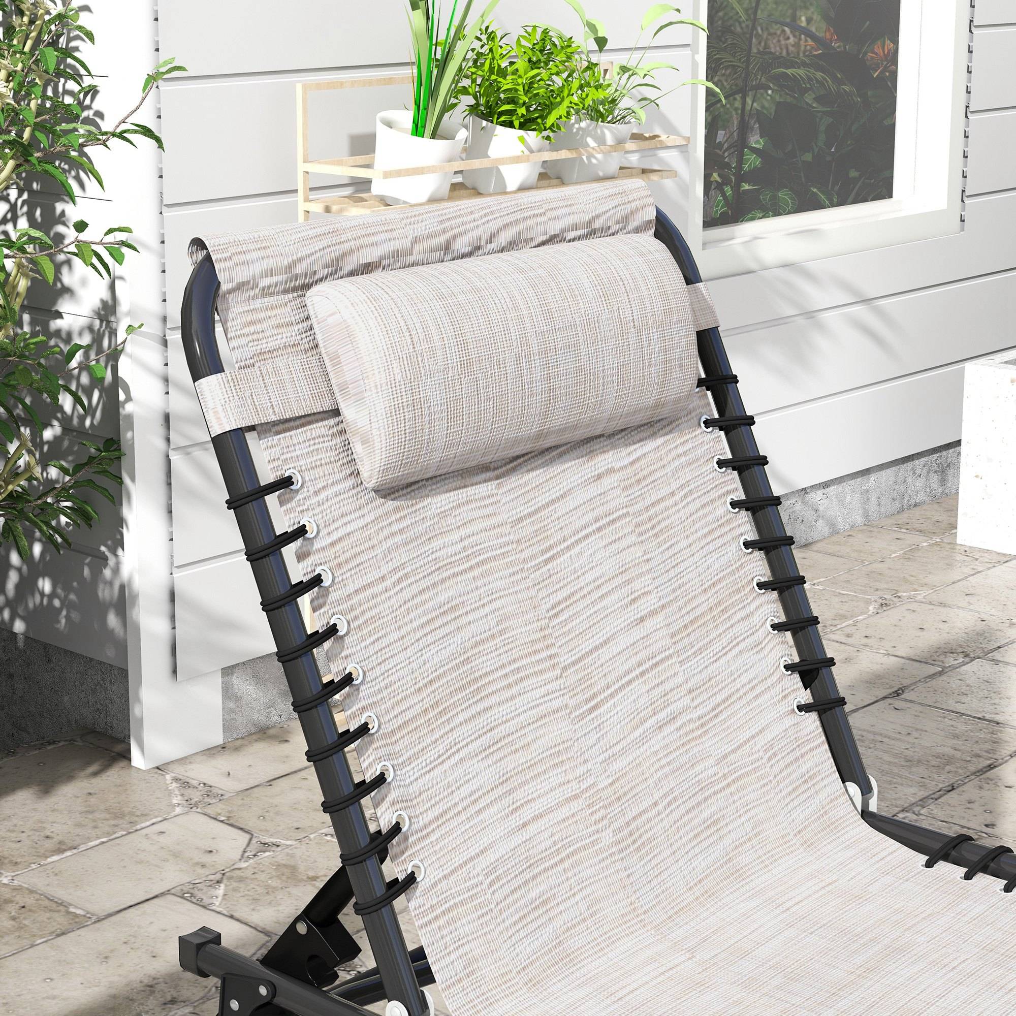 Outsunny - Bain de soleil transat pliable dossier inclinable multi-positions acier thermoplastique lacets élastiques noir textilène crème - Outsunny - Image 8