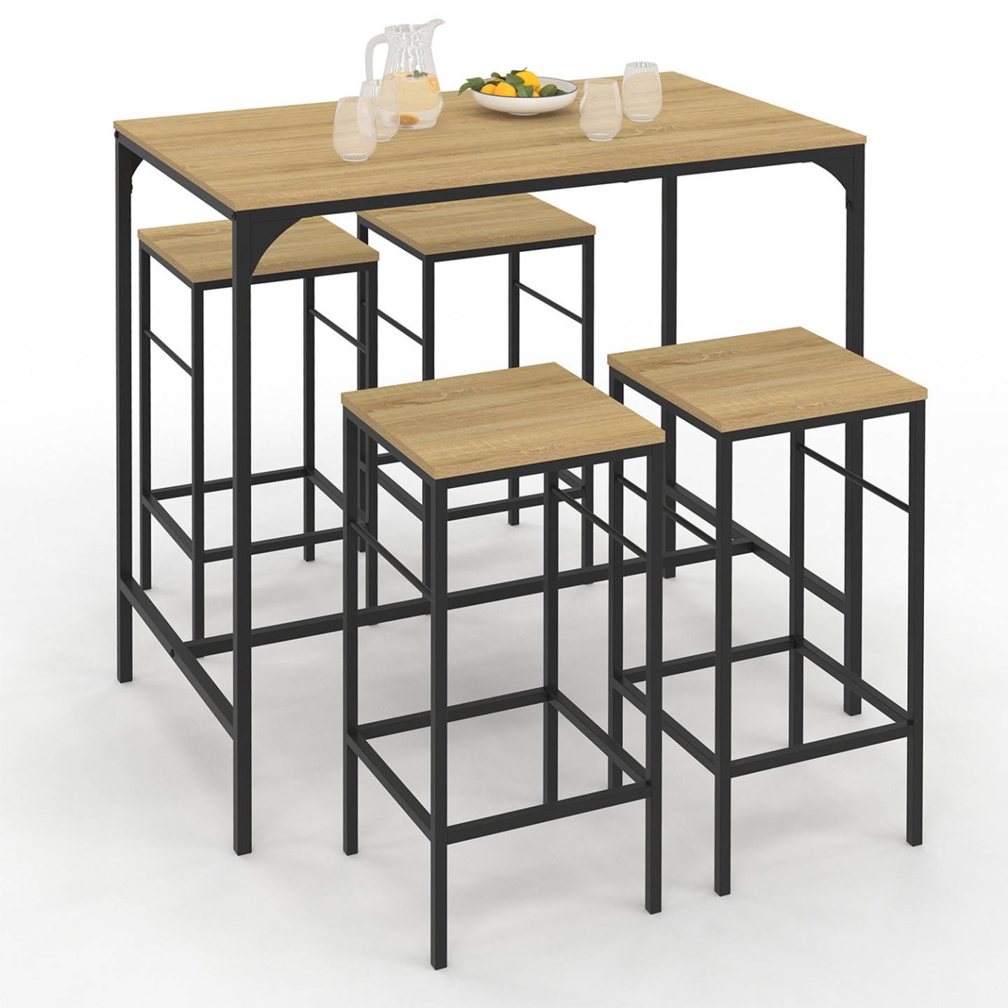 Ensemble table haute de bar DETROIT 100 cm et 4 tabourets bois et métal noir design industriel - Image 2