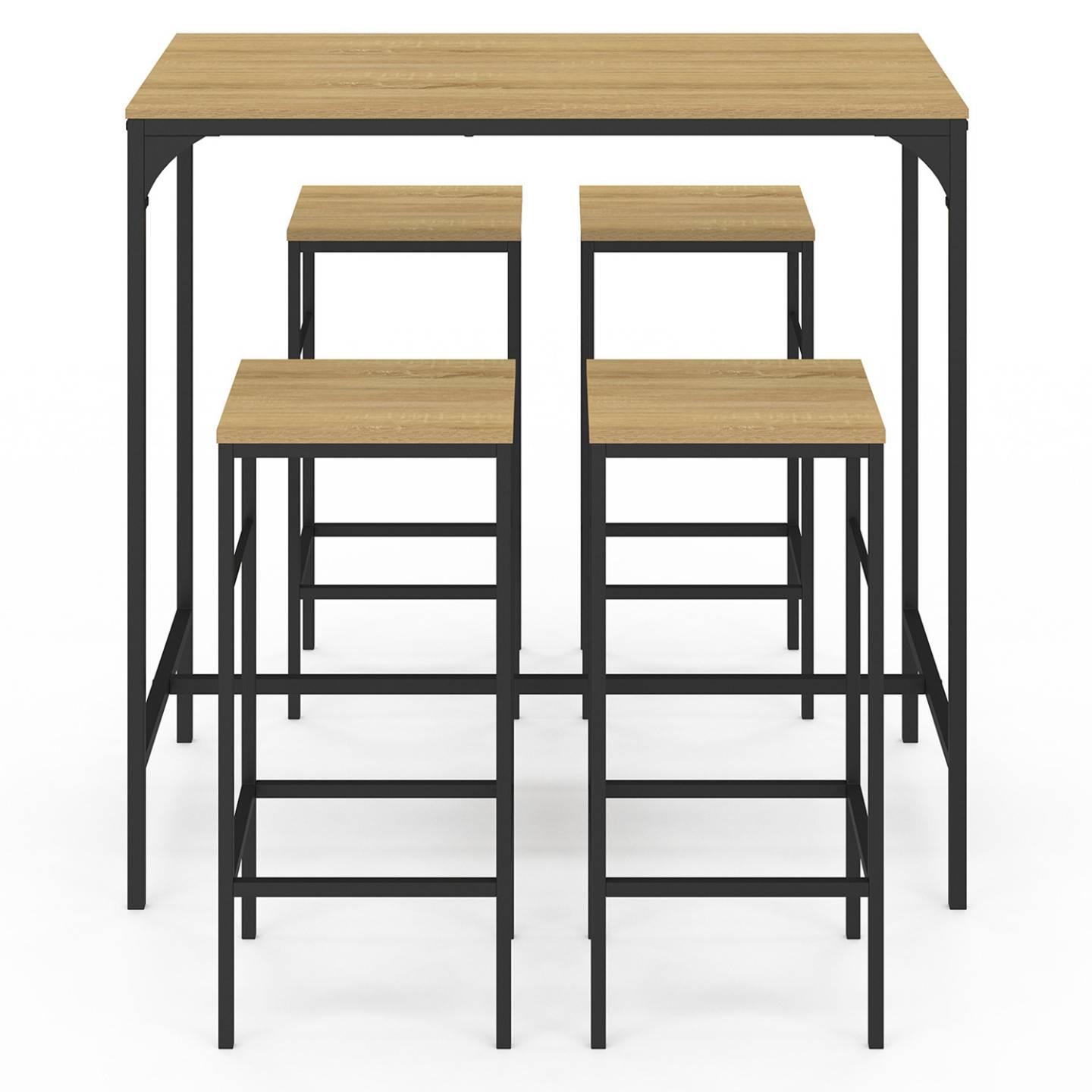 Ensemble table haute de bar DETROIT 100 cm et 4 tabourets bois et métal noir design industriel - Image 3