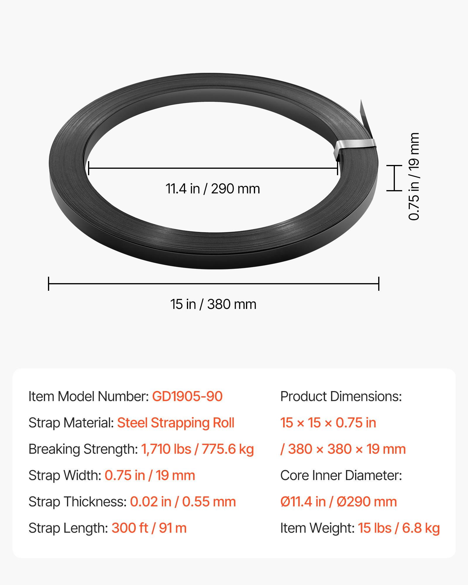 Vevor - VEVOR Rouleau de cerclage acier 19 mm x 0,55 mm x 91 m, résistance 775,6 kg, bobine robuste pour palettes et matériaux lourds - Image 6