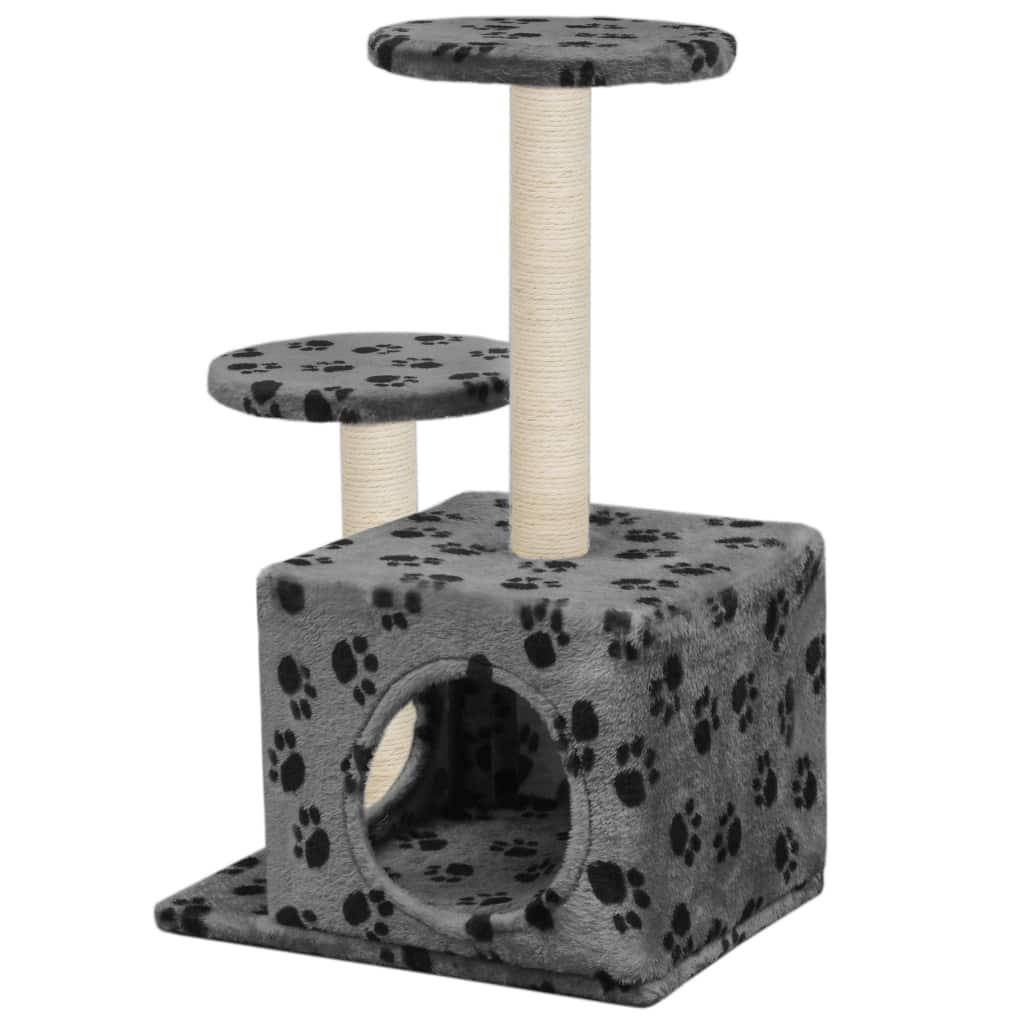 Helloshop26 - Arbre à chat griffoir grattoir niche jouet animaux peluché en sisal 60 cm gris motif de pattes - Image 2
