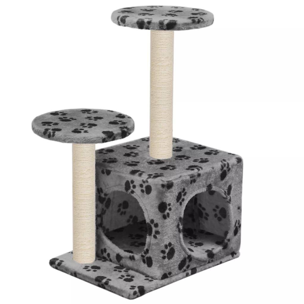 Helloshop26 - Arbre à chat griffoir grattoir niche jouet animaux peluché en sisal 60 cm gris motif de pattes - Image 1